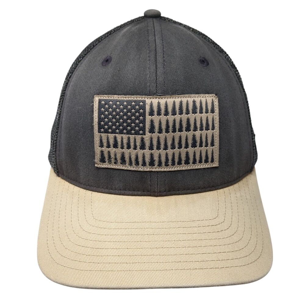 Pine Trees Usa Flag Patch Fitted Trucker Hat Gray… - image 1